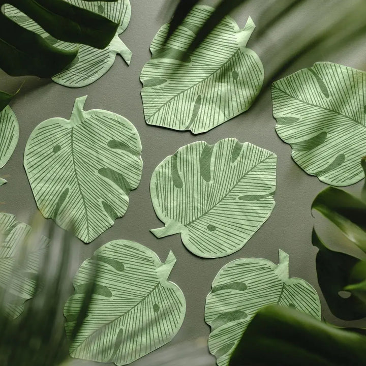 Tropical Leaf Napkins - Monstera Leaf Shaped Paper Napkins - Green Jungle Theme Birthday Party Tableware - Wild One Party Decor - Pack Of 12 - Jolie Fete UK