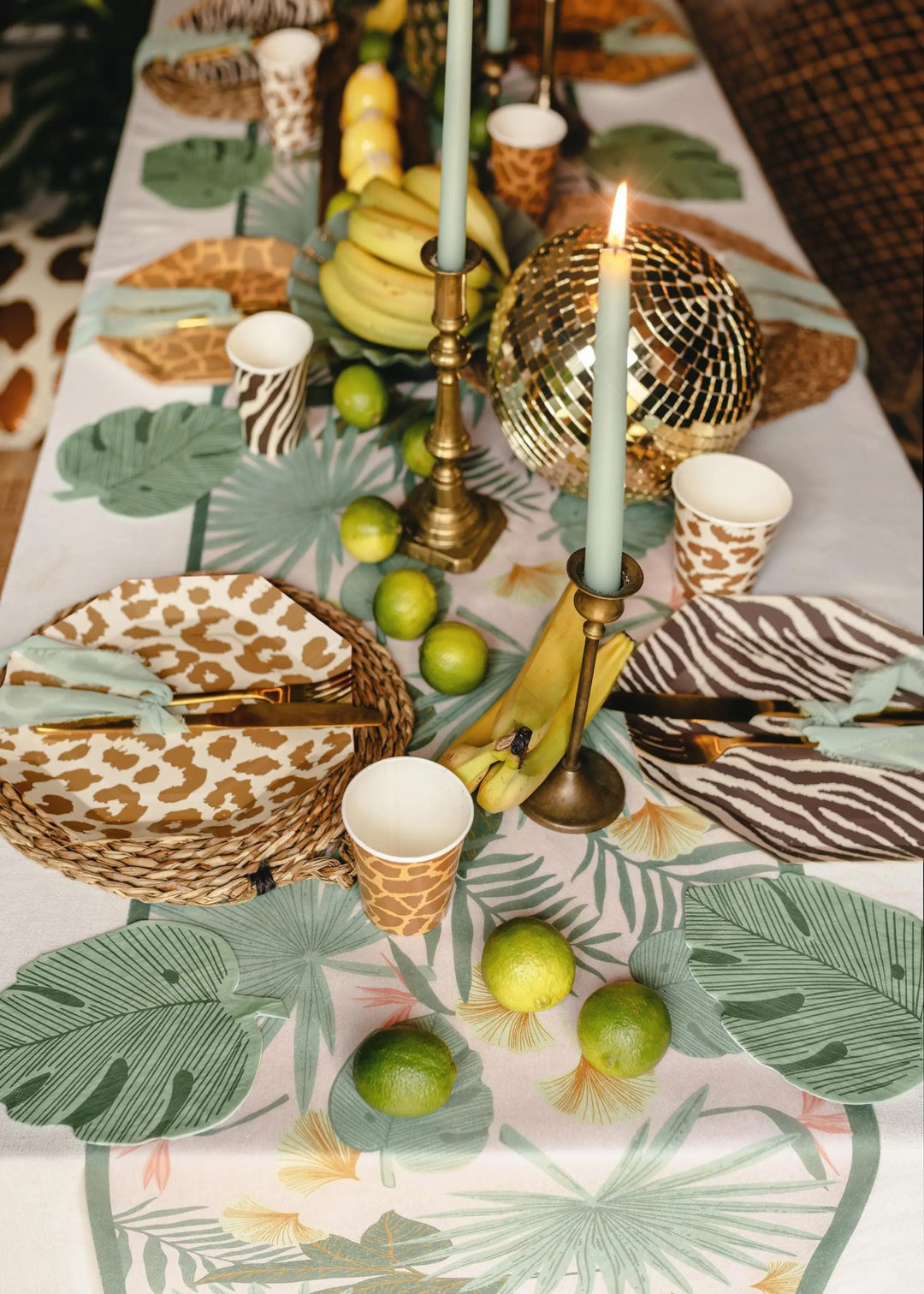 Tropical Leaves Table Runner - Jungle Party Table Cover - Green Nonwoven Runner - First Birthday Decor - Wild One Theme - Safari Party Table - Jolie Fete UK