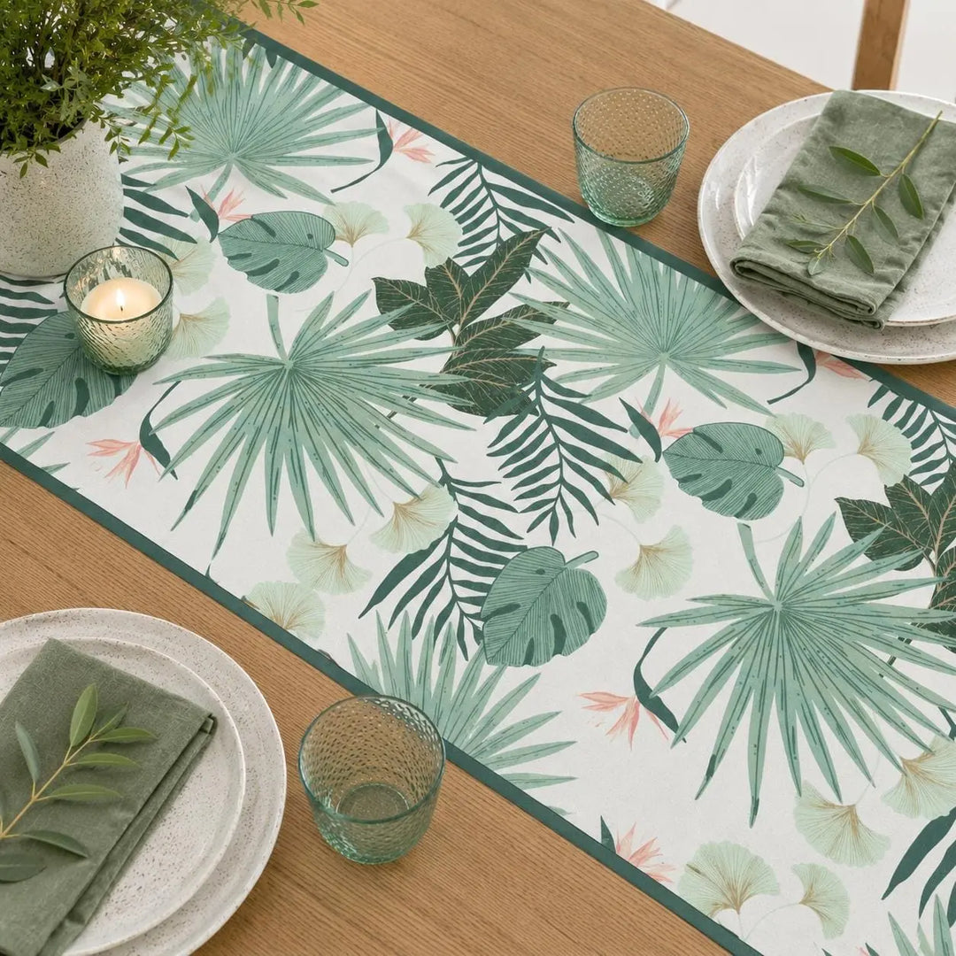 Tropical Leaves Table Runner - Jungle Party Table Cover - Green Nonwoven Runner - First Birthday Decor - Wild One Theme - Safari Party Table - Jolie Fete UK