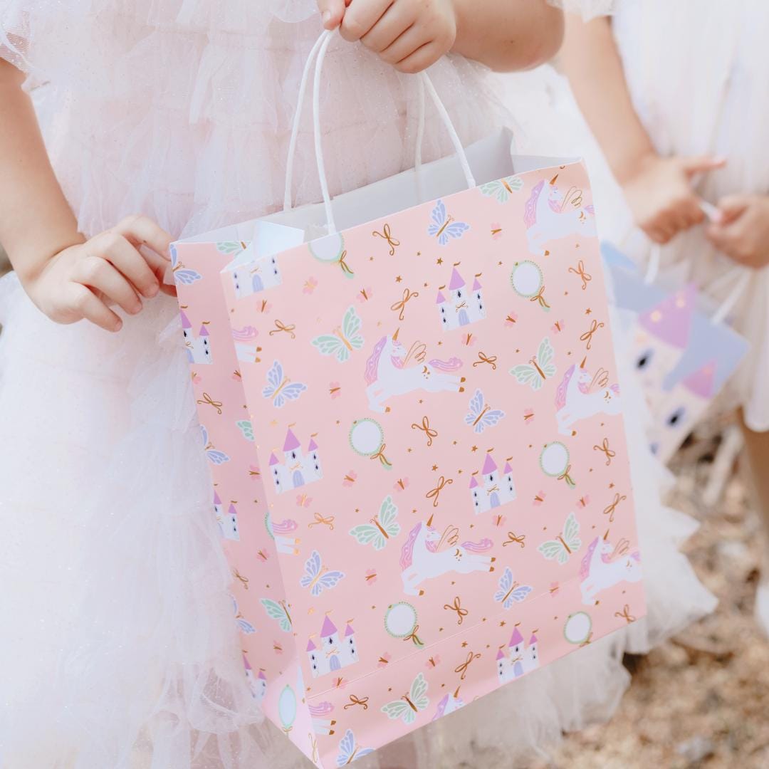 Unicorn Gift Bag - Large Paper Gift Bag - Pink With Unicorns, Castles, Butterflies & Gold Bows - Unicorn Birthday Party Theme - 32cm - Jolie Fete UK