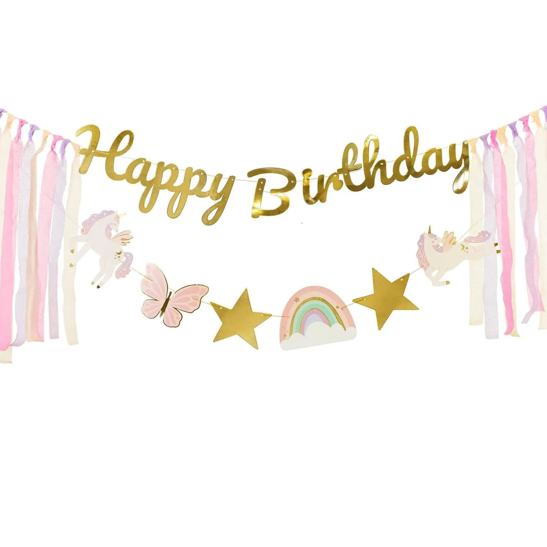 Unicorn Happy Birthday Banner With Ribbons - Gold Garland With Lilac, Pink & Cream Tassels - Unicorn Party-Unicorn Birthday Decorations-2.3m - Jolie Fete UK