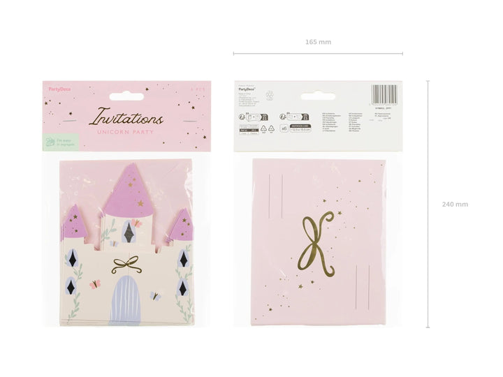 Unicorn Party Invitations - Castle Shaped Birthday Invites - Pink Envelopes With Gold Bows - Unicorn Birthday Party Theme - Pack Of 6 - Jolie Fete UK