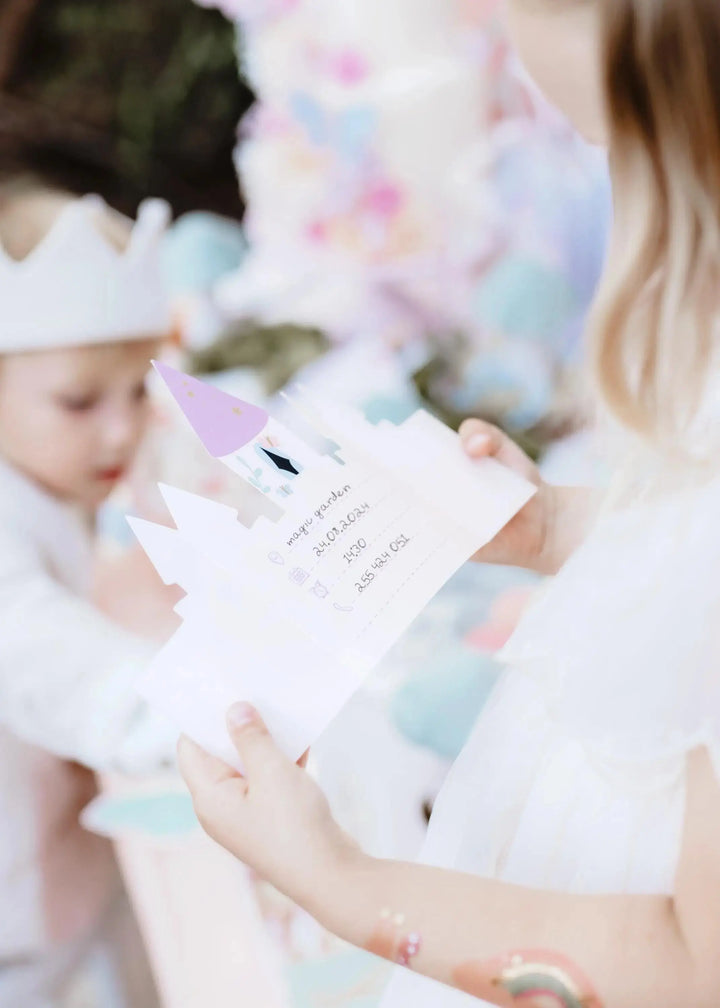 Unicorn Party Invitations - Castle Shaped Birthday Invites - Pink Envelopes With Gold Bows - Unicorn Birthday Party Theme - Pack Of 6 - Jolie Fete UK