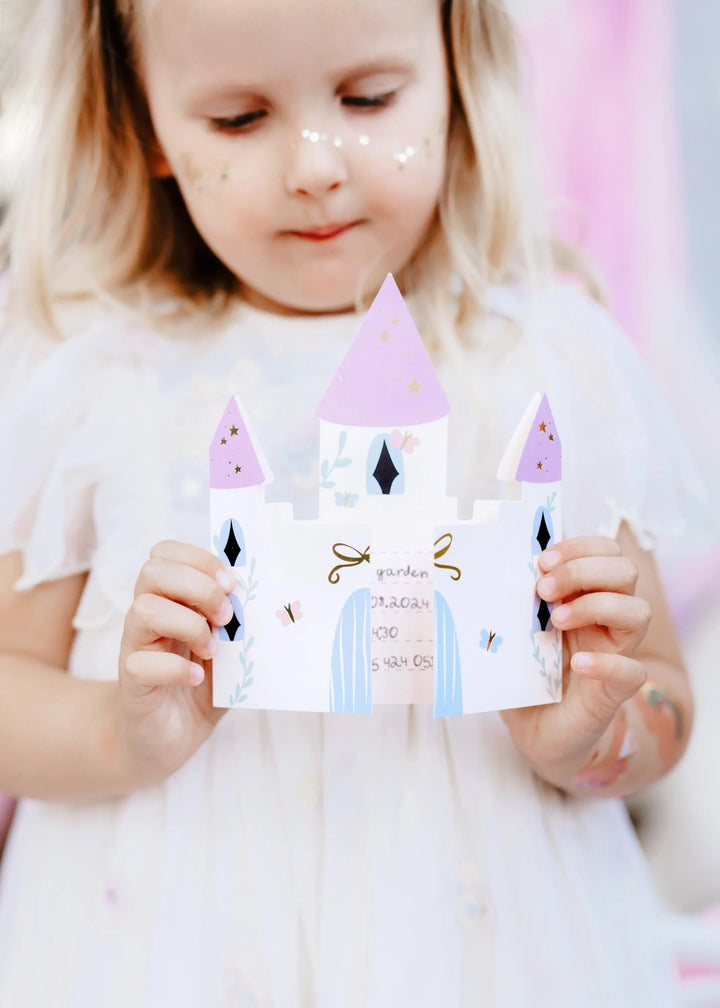 Unicorn Party Invitations - Castle Shaped Birthday Invites - Pink Envelopes With Gold Bows - Unicorn Birthday Party Theme - Pack Of 6 - Jolie Fete UK