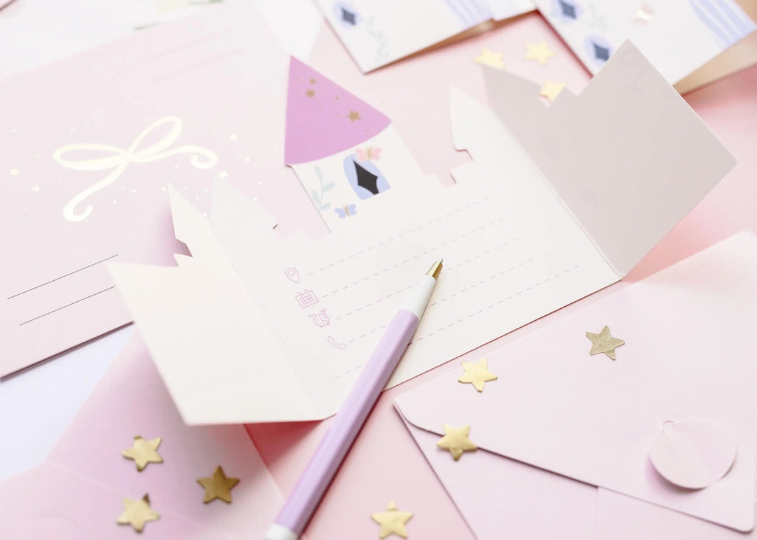 Unicorn Party Invitations - Castle Shaped Birthday Invites - Pink Envelopes With Gold Bows - Unicorn Birthday Party Theme - Pack Of 6 - Jolie Fete UK
