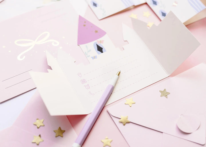 Unicorn Party Invitations - Castle Shaped Birthday Invites - Pink Envelopes With Gold Bows - Unicorn Birthday Party Theme - Pack Of 6 - Jolie Fete UK
