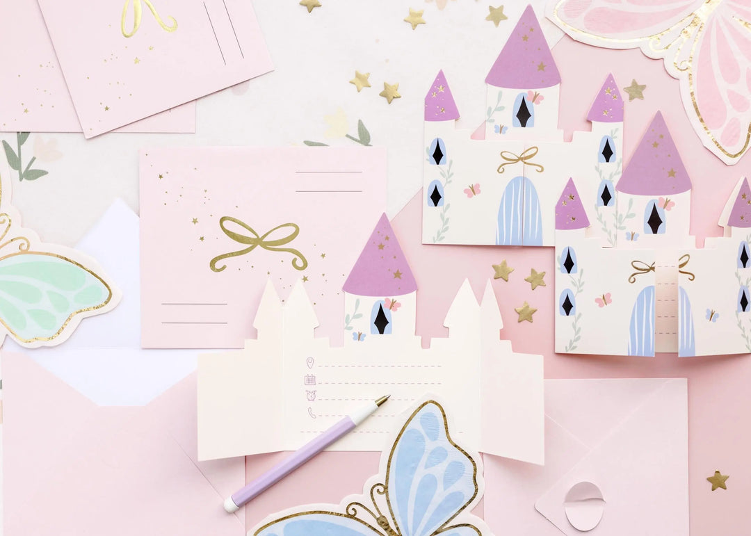 Unicorn Party Invitations - Castle Shaped Birthday Invites - Pink Envelopes With Gold Bows - Unicorn Birthday Party Theme - Pack Of 6 - Jolie Fete UK