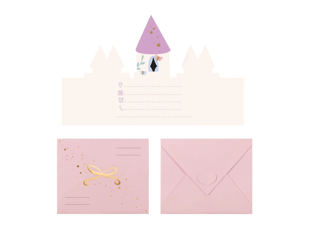 Unicorn Party Invitations - Castle Shaped Birthday Invites - Pink Envelopes With Gold Bows - Unicorn Birthday Party Theme - Pack Of 6 - Jolie Fete UK