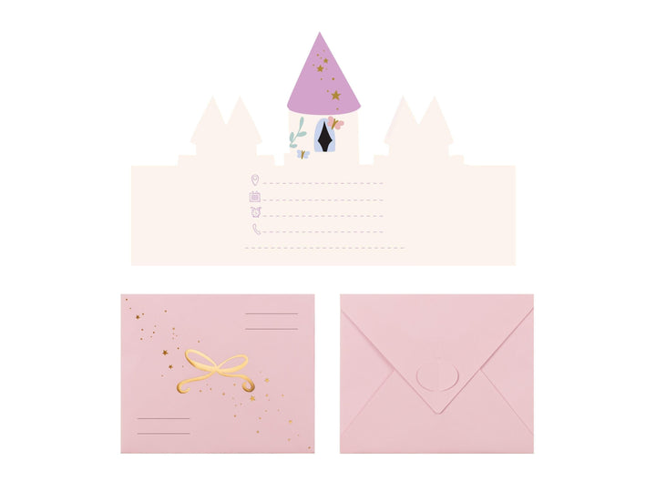 Unicorn Party Invitations - Castle Shaped Birthday Invites - Pink Envelopes With Gold Bows - Unicorn Birthday Party Theme - Pack Of 6 - Jolie Fete UK