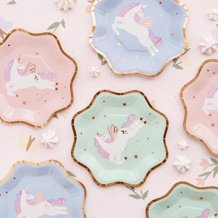 Unicorn Plates - Pastel Unicorn Paper Plates with Gold Rim - Blue, Pink & Green Party Plates - Unicorn Birthday Decorations - Pack Of 6 - Jolie Fete UK