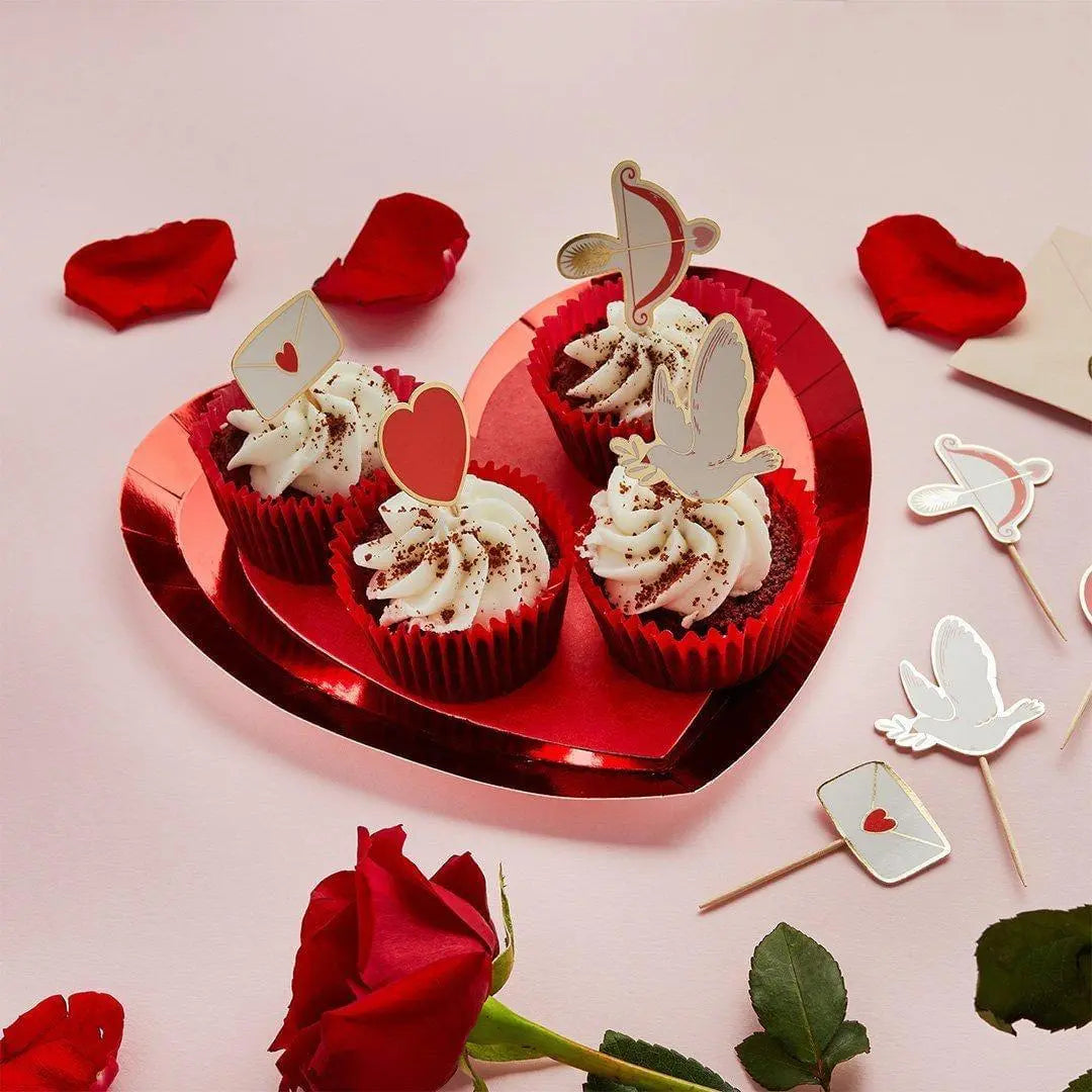 Valentine’s Day Cupcake Toppers - Love is In The Air - Heart And White Dove Food Picks - Romantic Wedding & Engagement Decor - Pack Of 12 - Jolie Fete UK