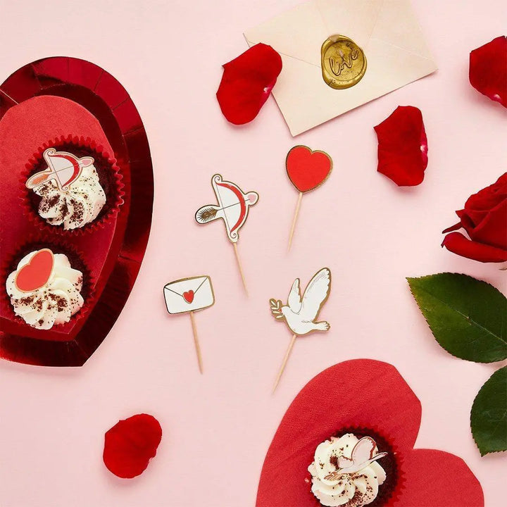 Valentine’s Day Cupcake Toppers - Love is In The Air - Heart And White Dove Food Picks - Romantic Wedding & Engagement Decor - Pack Of 12 - Jolie Fete UK