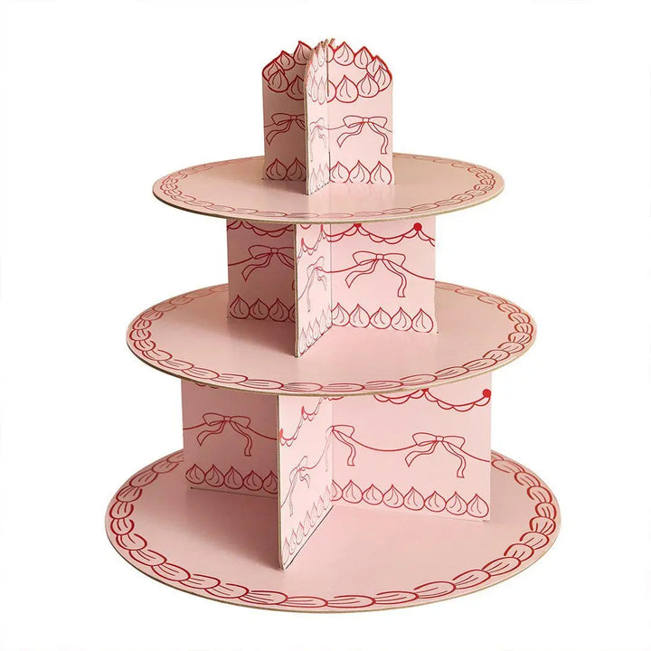 Vintage Cake Stand - 3 Tier Cupcake Stand - Pink Card Afternoon Tea Stand - Coquette Bows Pastry Tower -Birthday Centrepiece-Rococo Cherries - Jolie Fete UK