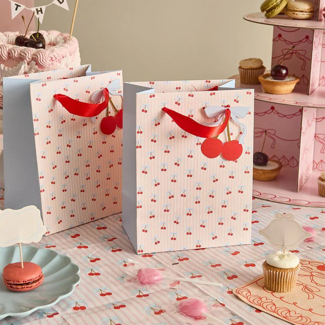 Vintage Cake Stand - 3 Tier Cupcake Stand - Pink Card Afternoon Tea Stand - Coquette Bows Pastry Tower -Birthday Centrepiece-Rococo Cherries - Jolie Fete UK