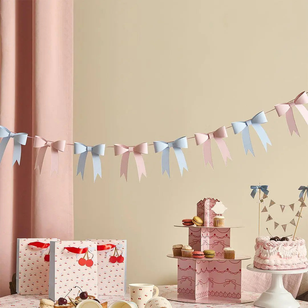 Vintage Cake Stand - 3 Tier Cupcake Stand - Pink Card Afternoon Tea Stand - Coquette Bows Pastry Tower -Birthday Centrepiece-Rococo Cherries - Jolie Fete UK