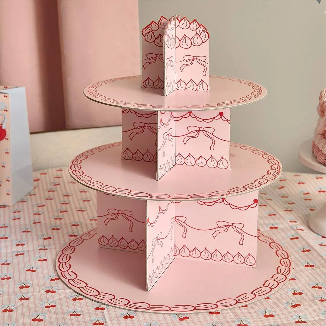 Vintage Cake Stand - 3 Tier Cupcake Stand - Pink Card Afternoon Tea Stand - Coquette Bows Pastry Tower -Birthday Centrepiece-Rococo Cherries - Jolie Fete UK