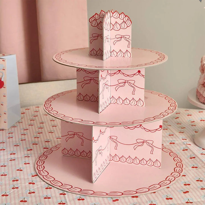 Vintage Cake Stand - 3 Tier Cupcake Stand - Pink Card Afternoon Tea Stand - Coquette Bows Pastry Tower -Birthday Centrepiece-Rococo Cherries - Jolie Fete UK