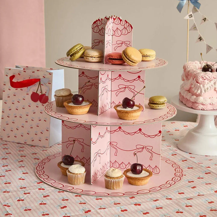 Vintage Cake Stand - 3 Tier Cupcake Stand - Pink Card Afternoon Tea Stand - Coquette Bows Pastry Tower -Birthday Centrepiece-Rococo Cherries - Jolie Fete UK