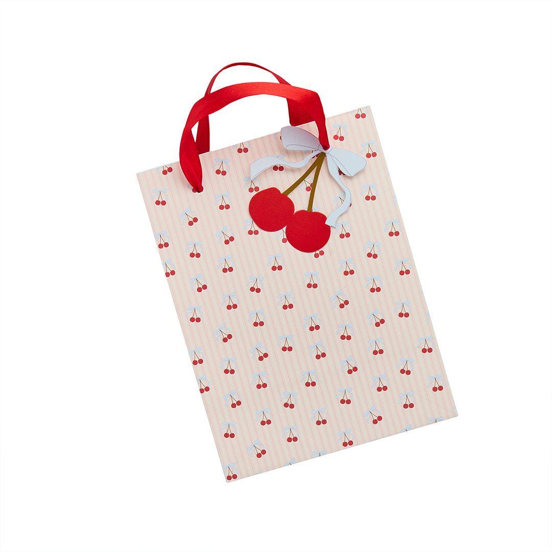 Vintage Cherry Party Bags - Cherries Favour Bags with Satin Ribbon - Coquette Gift Bags - Pink Striped Sweet Treat Bags - 20x15cm -Pack of 4 - Jolie Fete UK