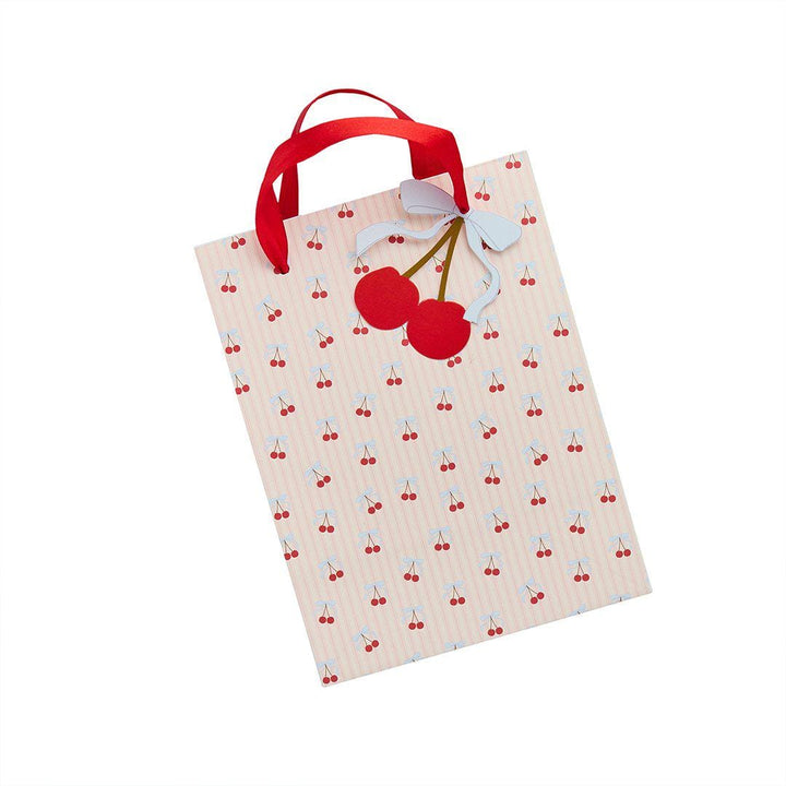 Vintage Cherry Party Bags - Cherries Favour Bags with Satin Ribbon - Coquette Gift Bags - Pink Striped Sweet Treat Bags - 20x15cm -Pack of 4 - Jolie Fete UK