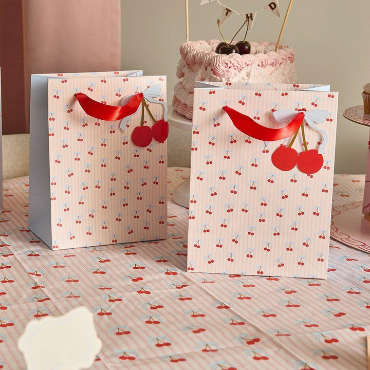 Vintage Cherry Party Bags - Cherries Favour Bags with Satin Ribbon - Coquette Gift Bags - Pink Striped Sweet Treat Bags - 20x15cm -Pack of 4 - Jolie Fete UK