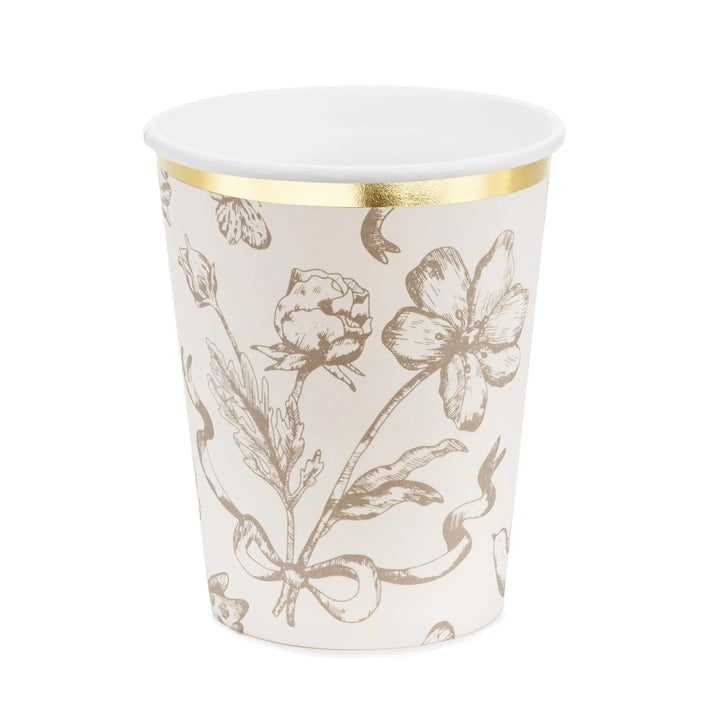 Vintage Floral Paper Cups - Cream & Gold Trimmed Botanical Party Cups - Baby Shower, Tea Party, Wedding Decor - 220ml - Pack Of 6 - Jolie Fete UK