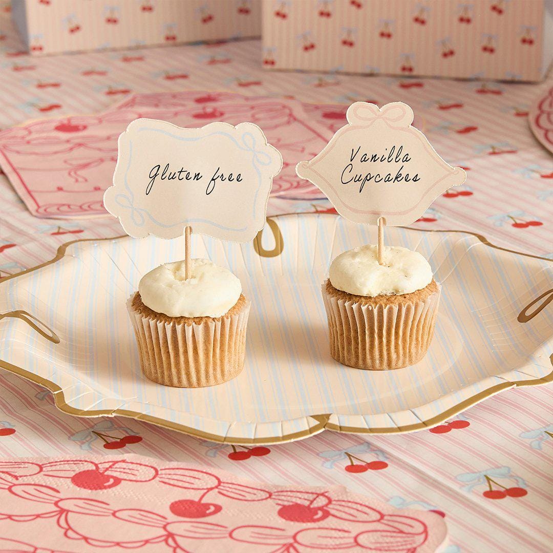 Vintage Food Picks - Blank Cupcake Toppers - Pastel Buffet Labels - Decorative Cheese Markers - Coquette Bow Party Flags - Pack of 12 - Jolie Fete UK
