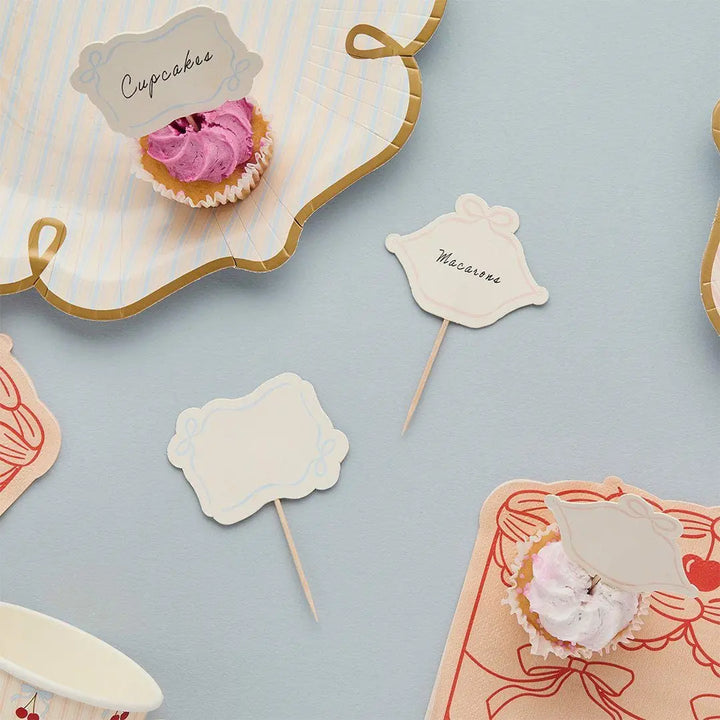Vintage Food Picks - Blank Cupcake Toppers - Pastel Buffet Labels - Decorative Cheese Markers - Coquette Bow Party Flags - Pack of 12 - Jolie Fete UK