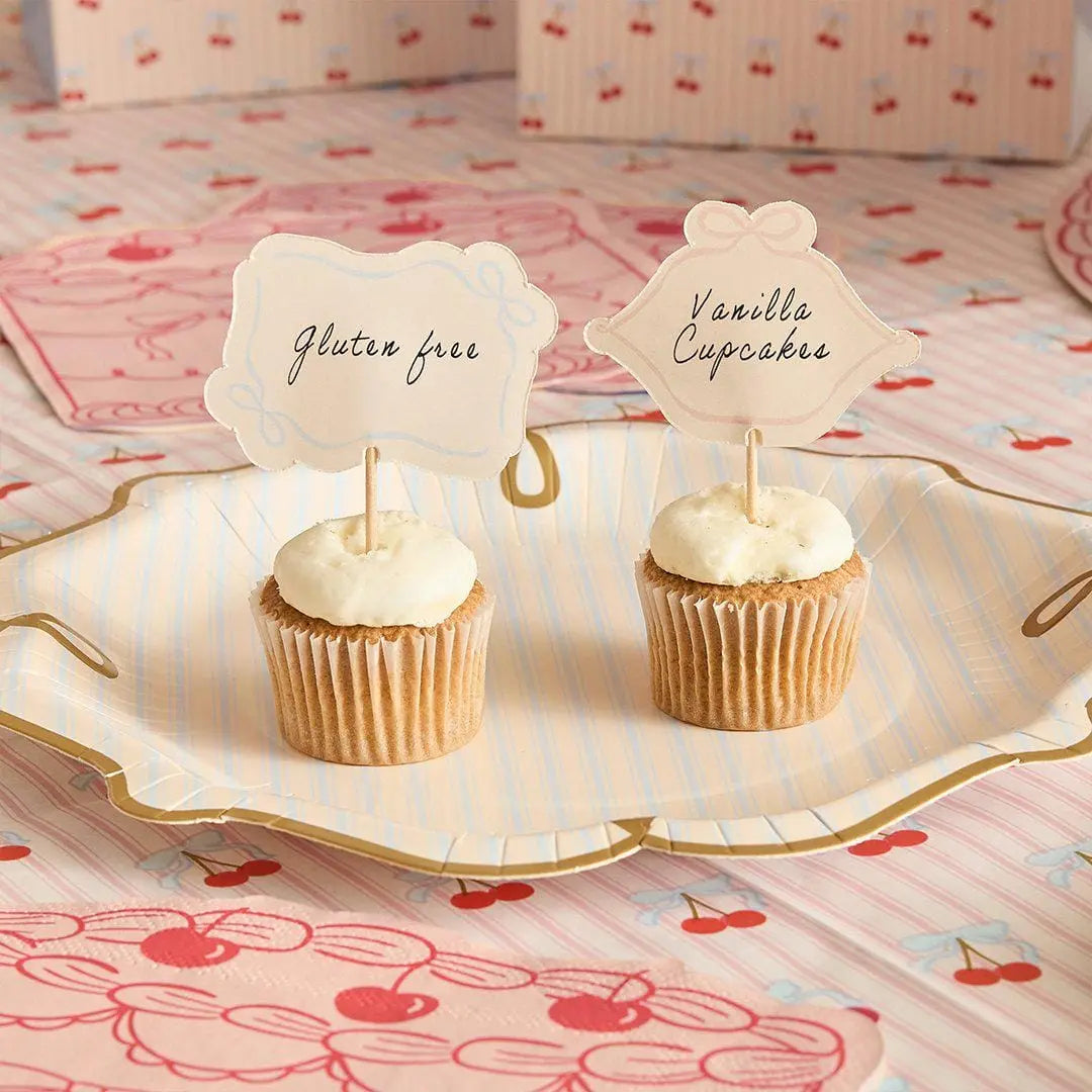 Vintage Food Picks - Blank Cupcake Toppers - Pastel Buffet Labels - Decorative Cheese Markers - Coquette Bow Party Flags - Pack of 12 - Jolie Fete UK