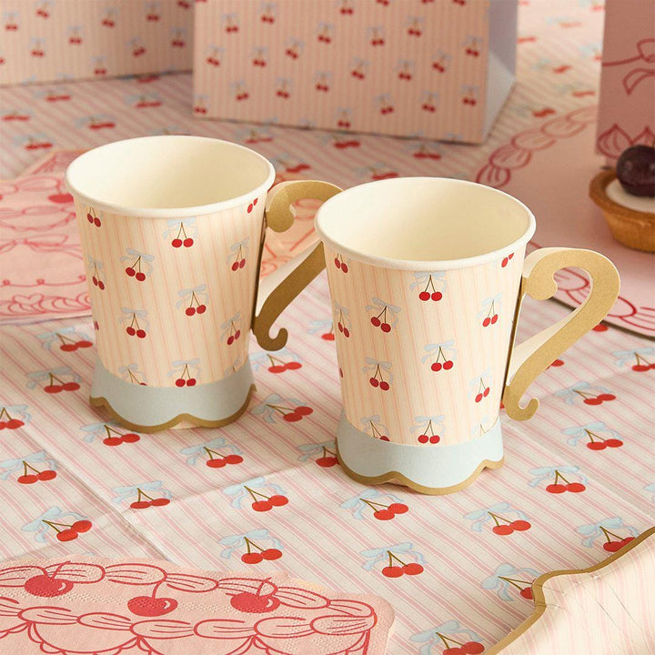 Vintage Paper Cups - Cherry Party Teacups with Handles - Cherries & Pink Striped Cups - Hen Party Tableware - Tea Party Paper Cups-Pack of 8 - Jolie Fete UK