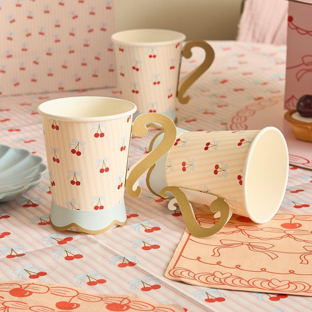 Vintage Paper Cups - Cherry Party Teacups with Handles - Cherries & Pink Striped Cups - Hen Party Tableware - Tea Party Paper Cups-Pack of 8 - Jolie Fete UK