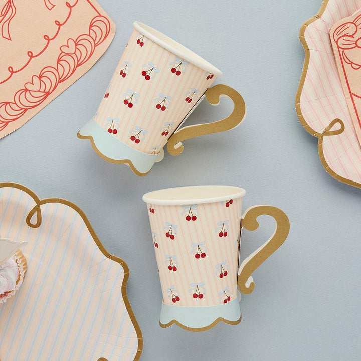 Vintage Paper Plates - Pink Blue Striped Tableware - Gold Rim Party Plates - Coquette Tea Party - Pack of 8 Scalloped Plates-Rococo Cherries - Jolie Fete UK