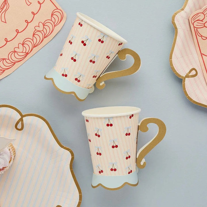 Vintage Paper Plates - Pink Blue Striped Tableware - Gold Rim Party Plates - Coquette Tea Party - Pack of 8 Scalloped Plates-Rococo Cherries - Jolie Fete UK