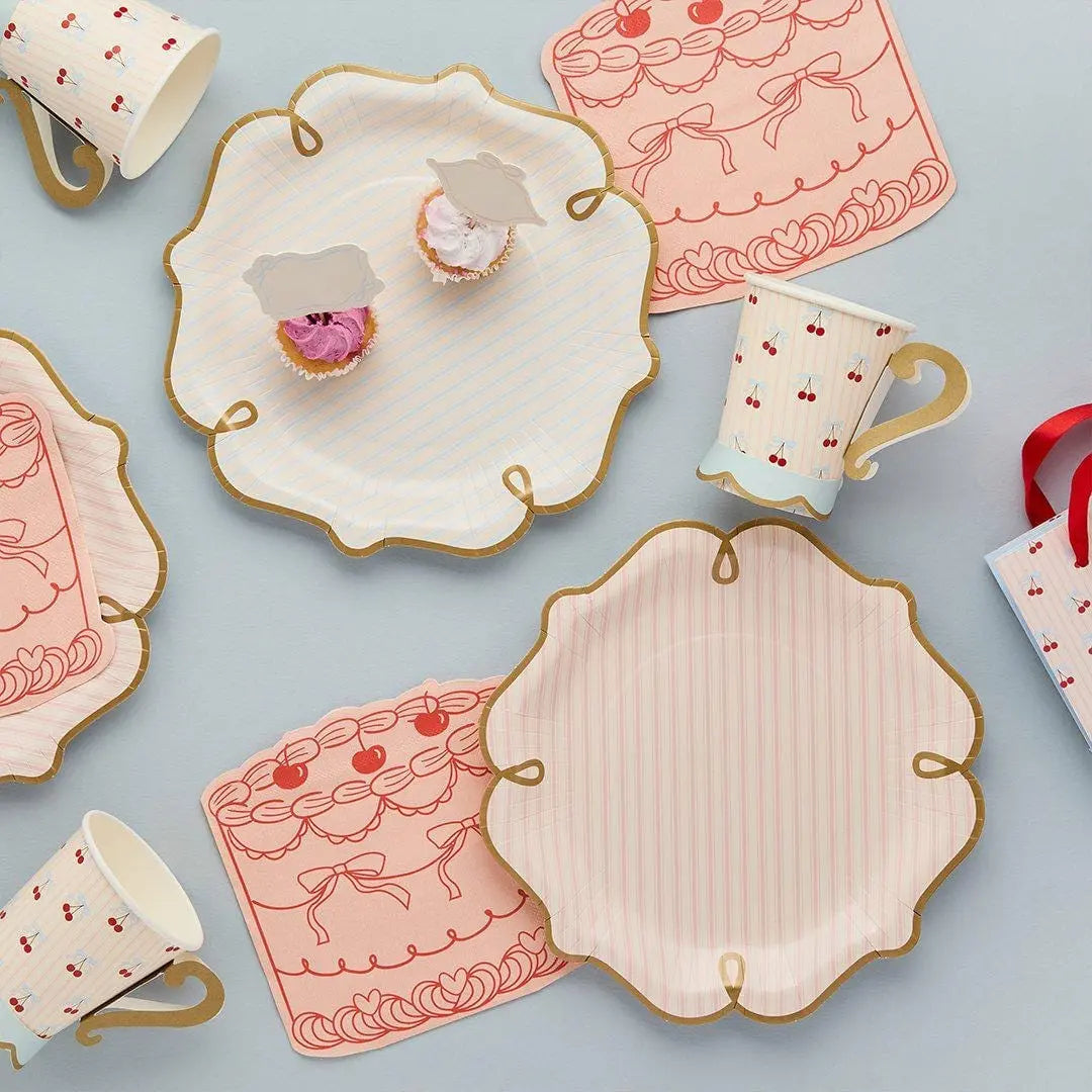 Vintage Paper Plates - Pink Blue Striped Tableware - Gold Rim Party Plates - Coquette Tea Party - Pack of 8 Scalloped Plates-Rococo Cherries - Jolie Fete UK