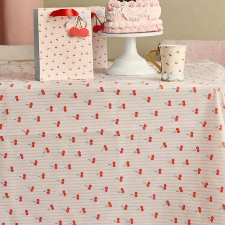 Vintage Paper Tablecloth - Cherry Paper Table Cover - Pink Striped & Cherries Party Tableware - Coquette Tea Party - 2.6m x 1.4m Large - Jolie Fete UK