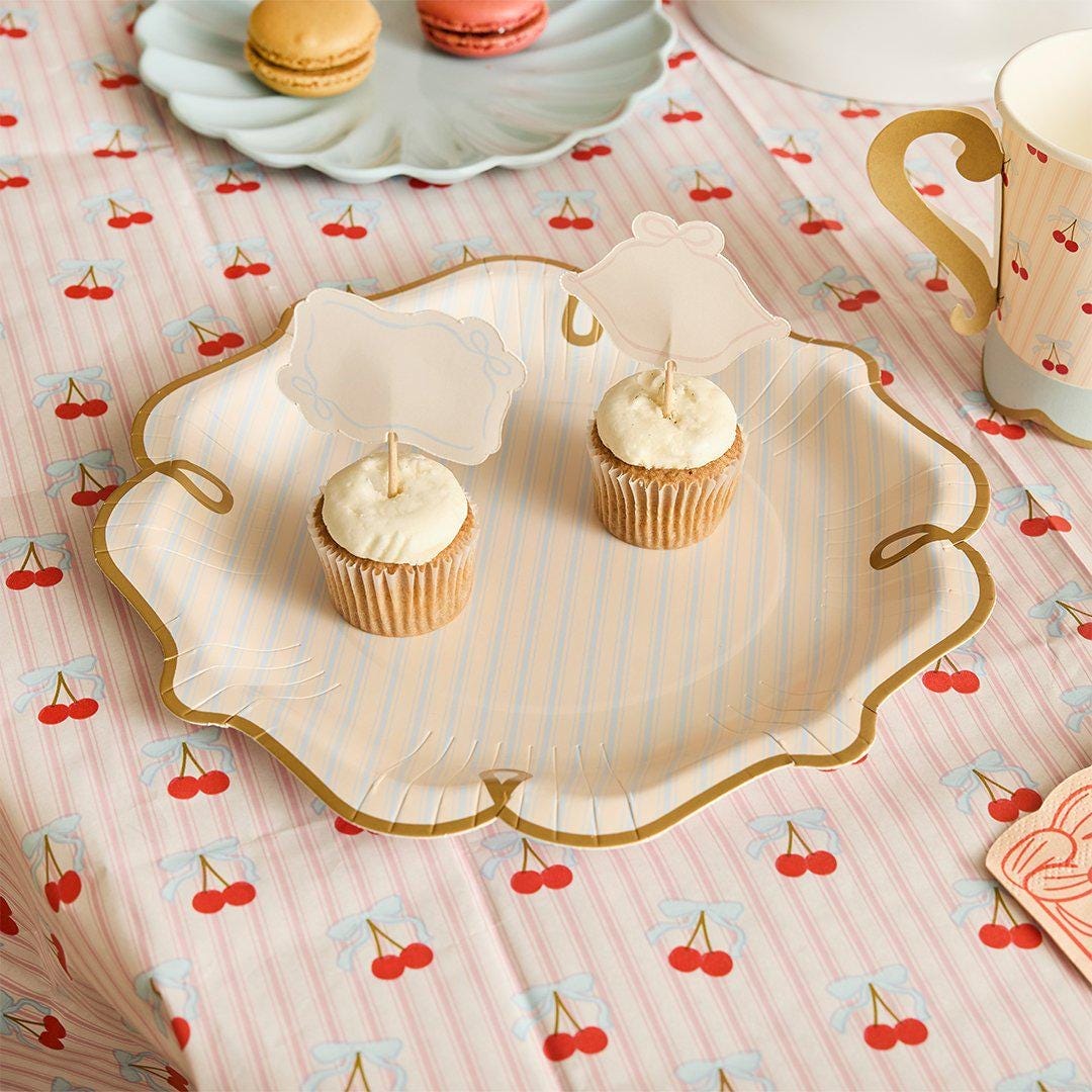 Vintage Paper Tablecloth - Cherry Paper Table Cover - Pink Striped & Cherries Party Tableware - Coquette Tea Party - 2.6m x 1.4m Large - Jolie Fete UK