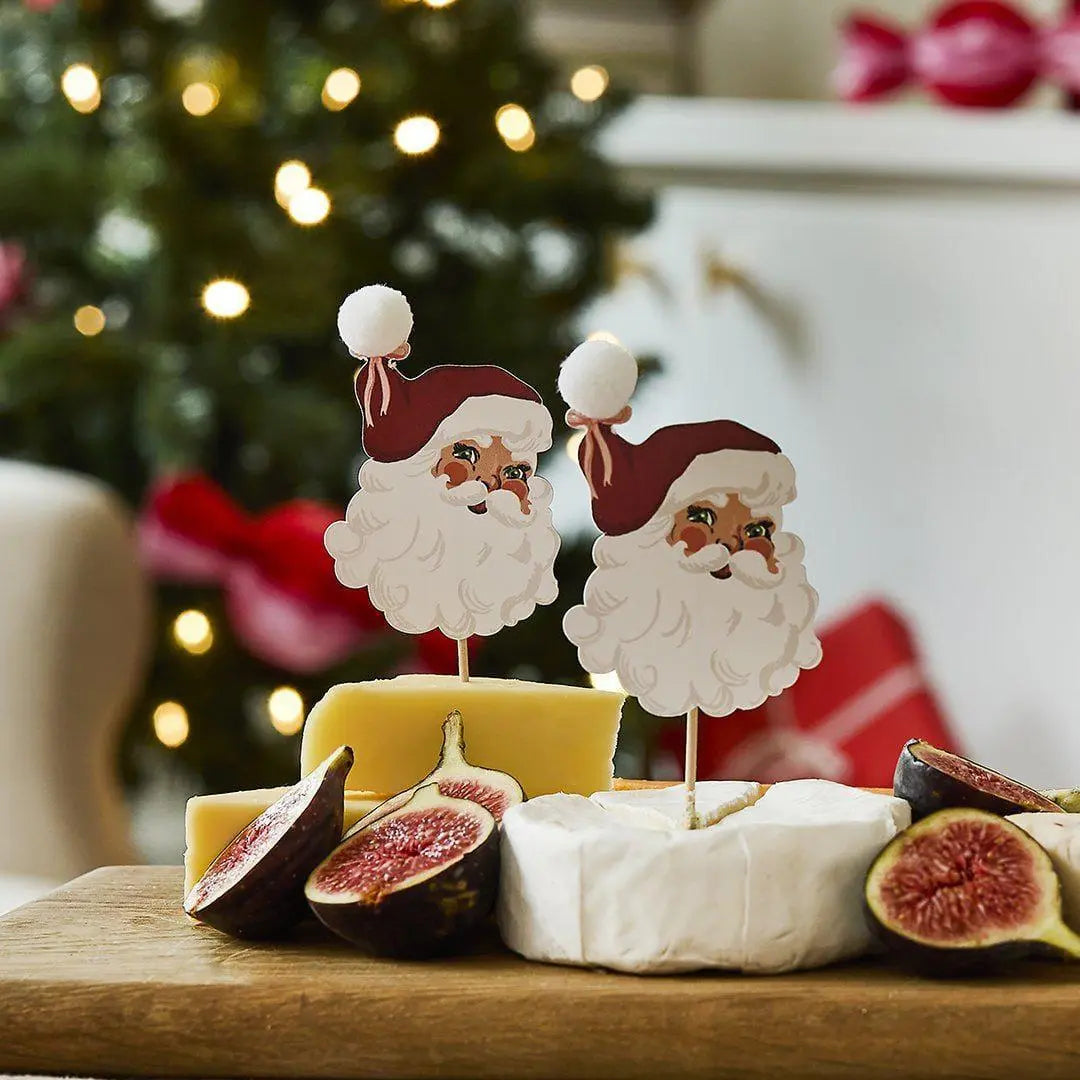 Vintage Santa Food Picks - Santa Food Toppers With Pom Pom - Cupcake Toppers - Christmas Decorations - Holiday Decor - Pack Of 12 - Jolie Fete UK