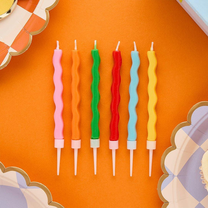 Wavy Birthday Cake Candles - Rainbow Cake Topper - Colourful Wax Candles - Kids Party Decorations - Tall Celebration Candles - Pack Of 12 - Jolie Fete UK