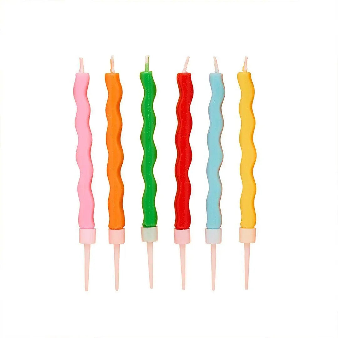 Wavy Birthday Cake Candles - Rainbow Cake Topper - Colourful Wax Candles - Kids Party Decorations - Tall Celebration Candles - Pack Of 12 - Jolie Fete UK
