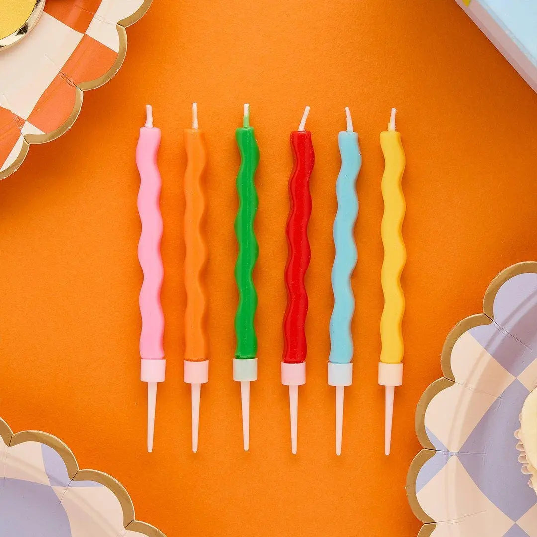 Wavy Birthday Cake Candles - Rainbow Cake Topper - Colourful Wax Candles - Kids Party Decorations - Tall Celebration Candles - Pack Of 12 - Jolie Fete UK
