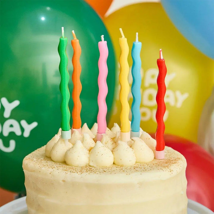 Wavy Birthday Cake Candles - Rainbow Cake Topper - Colourful Wax Candles - Kids Party Decorations - Tall Celebration Candles - Pack Of 12 - Jolie Fete UK