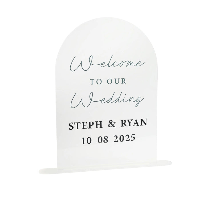 Welcome To Our Wedding Sign - Clear Arch Acrylic Sign With Black Script Lettering - Customise Your Names & Date -Minimalist Monochrome Decor - Jolie Fete UK