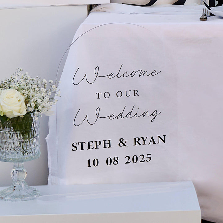Welcome To Our Wedding Sign - Clear Arch Acrylic Sign With Black Script Lettering - Customise Your Names & Date -Minimalist Monochrome Decor - Jolie Fete UK
