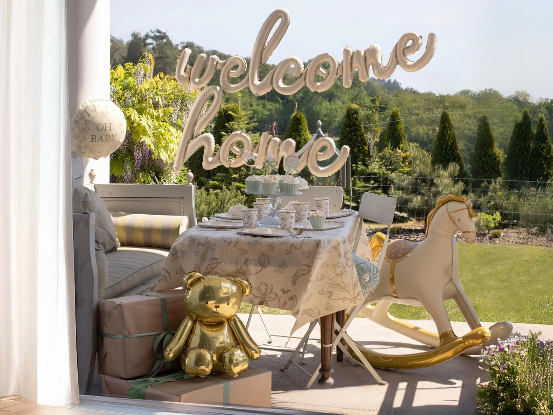 Welcome Home Script Foil Balloon -Cream Satin Finish Lettering-New Baby Homecoming Party Decor-New House Warming Gift-Elegant Banner Garland - Jolie Fete UK