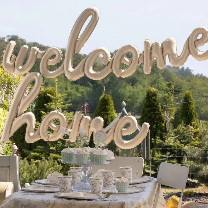 Welcome Home Script Foil Balloon -Cream Satin Finish Lettering-New Baby Homecoming Party Decor-New House Warming Gift-Elegant Banner Garland - Jolie Fete UK