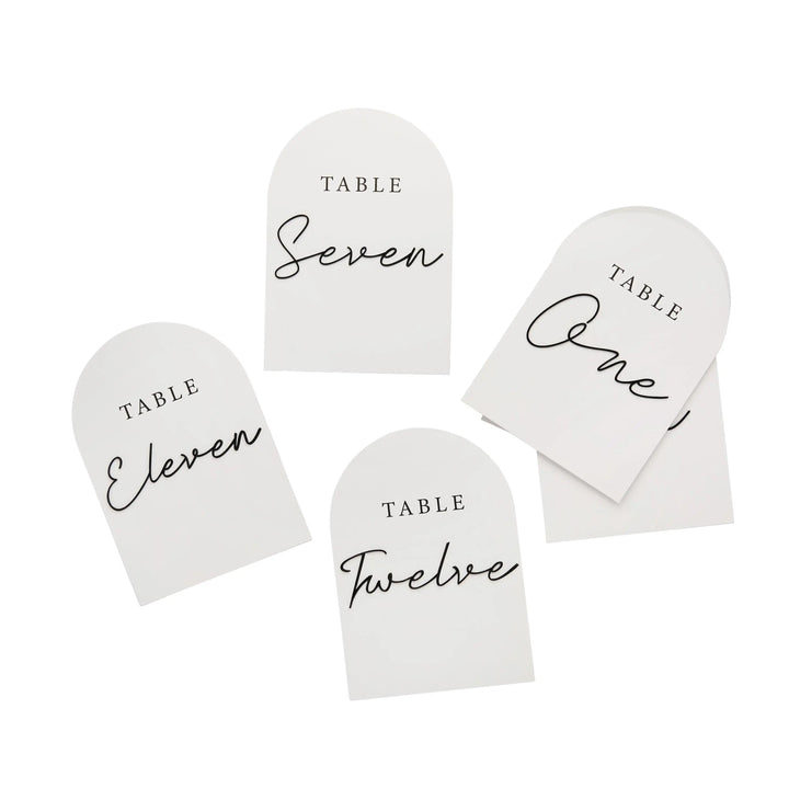 White & Black Wedding Table Numbers -Monochrome Cards with 3D Black Acrylic Lettering-Modern Minimalist Reception Decor-Pack Of Numbers 1-12 - Jolie Fete UK