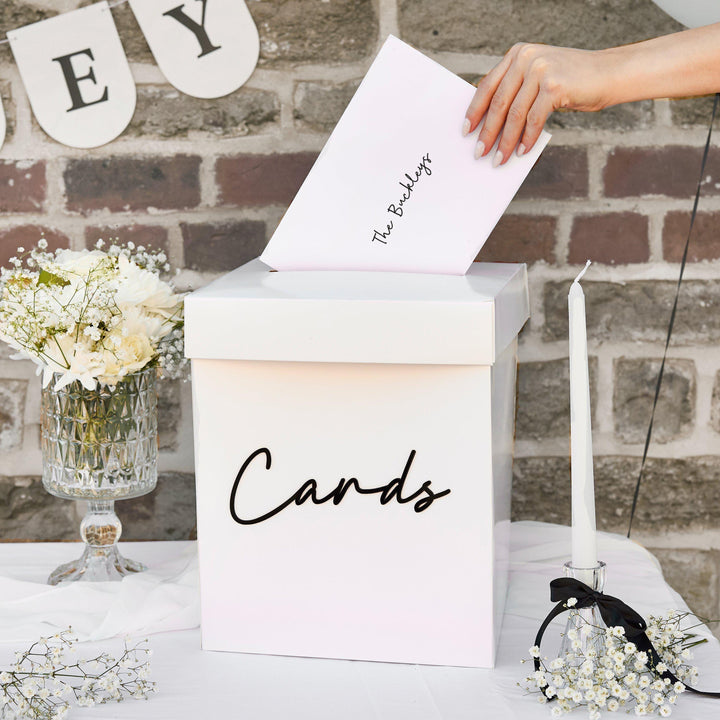 White & Black Wedding Table Numbers -Monochrome Cards with 3D Black Acrylic Lettering-Modern Minimalist Reception Decor-Pack Of Numbers 1-12 - Jolie Fete UK