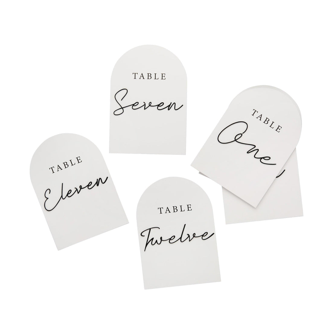 White & Black Wedding Table Numbers -Monochrome Cards with 3D Black Acrylic Lettering-Modern Minimalist Reception Decor-Pack Of Numbers 1-12 - Jolie Fete UK