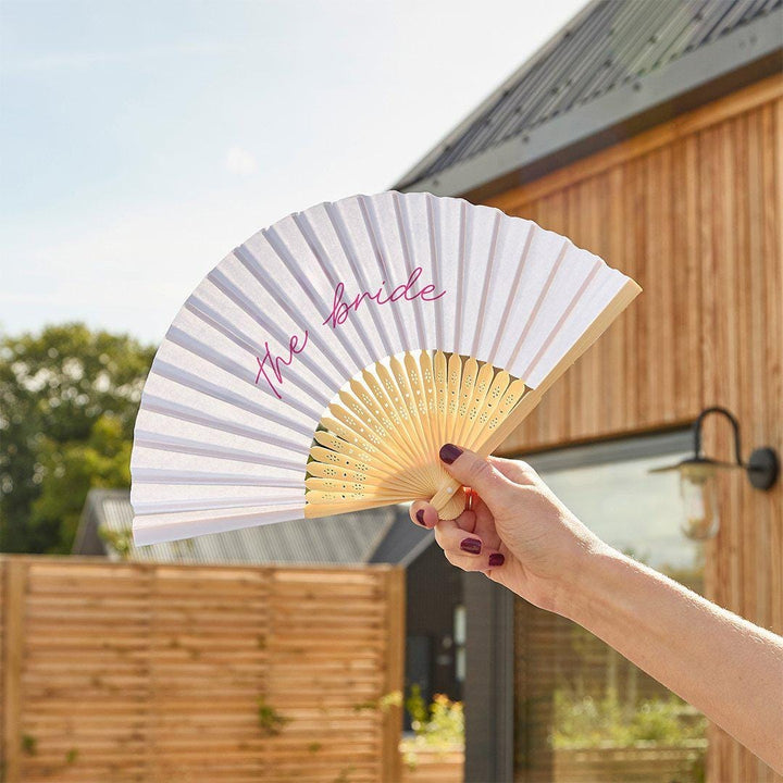 White Bride Hand Fan - Hen Party Fan - She’s Tying The Knot Coquette Bride To Be Accessory - White Paper Fan with Pink Script - Pack Of 1 - Jolie Fete UK