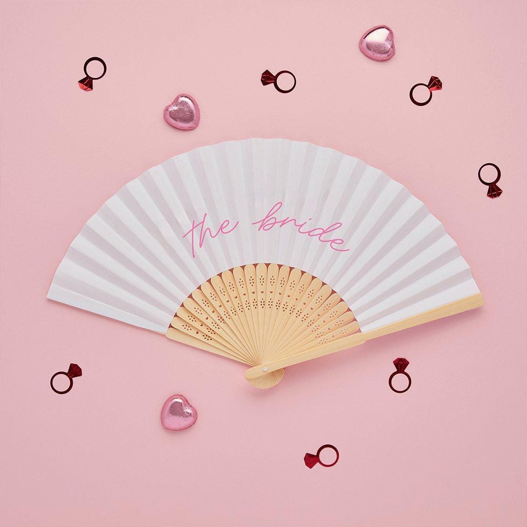 White Bride Hand Fan - Hen Party Fan - She’s Tying The Knot Coquette Bride To Be Accessory - White Paper Fan with Pink Script - Pack Of 1 - Jolie Fete UK